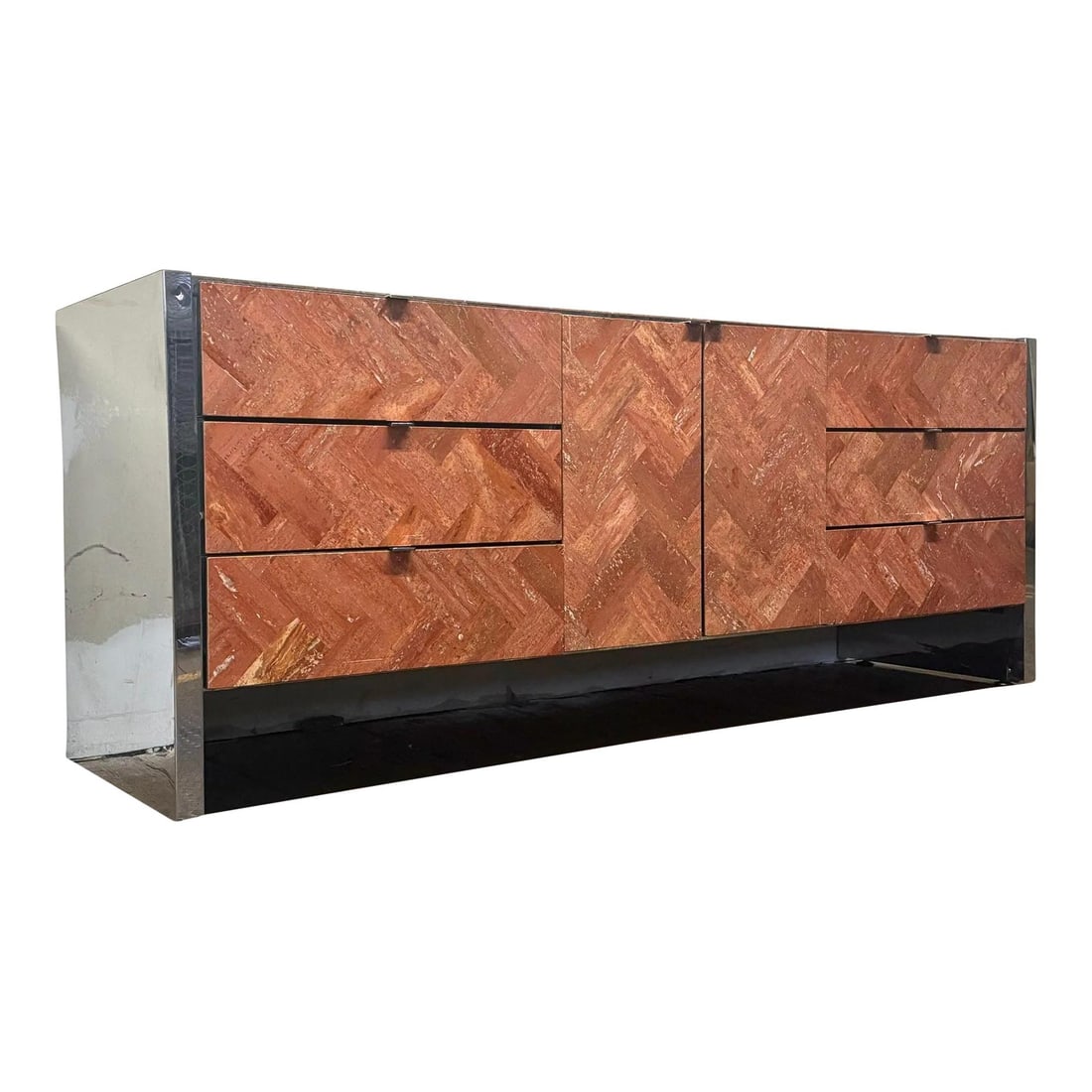 Mid Century Modern Pink Chevron Stone Dresser by Ello: Mid Century Modern Pink Chevron Stone Dresser by Ello This stunning mid-century modern dresser features a unique pink chevron stone surface complemented by sleek chrome sides, crafted by Ello Furnitur