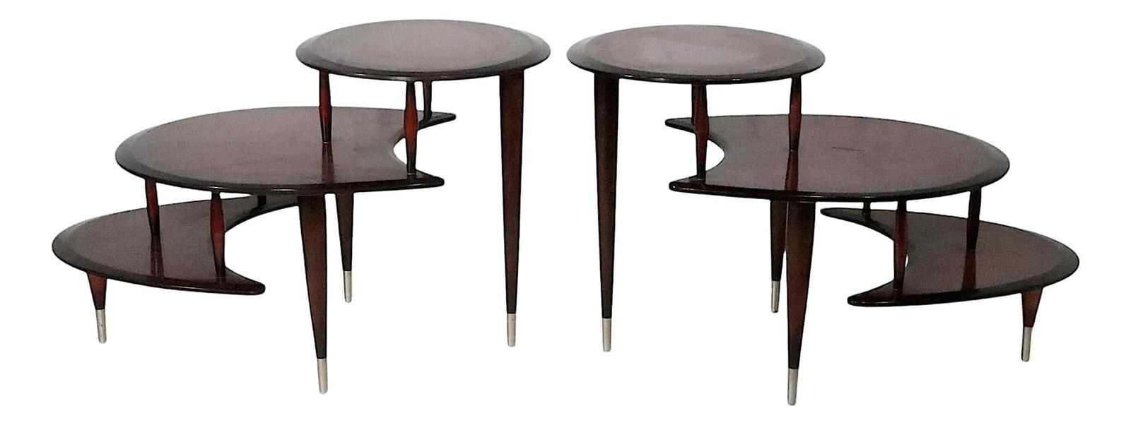 Mid Century Modern Pair of Amoeba Shape End Tables: Mid Century Modern Pair of Amoeba Shape End Tables Elevate your living space with this pair of chic architectural mid-century three-tier end tables. Crafted with tapered pole legs, each table features
