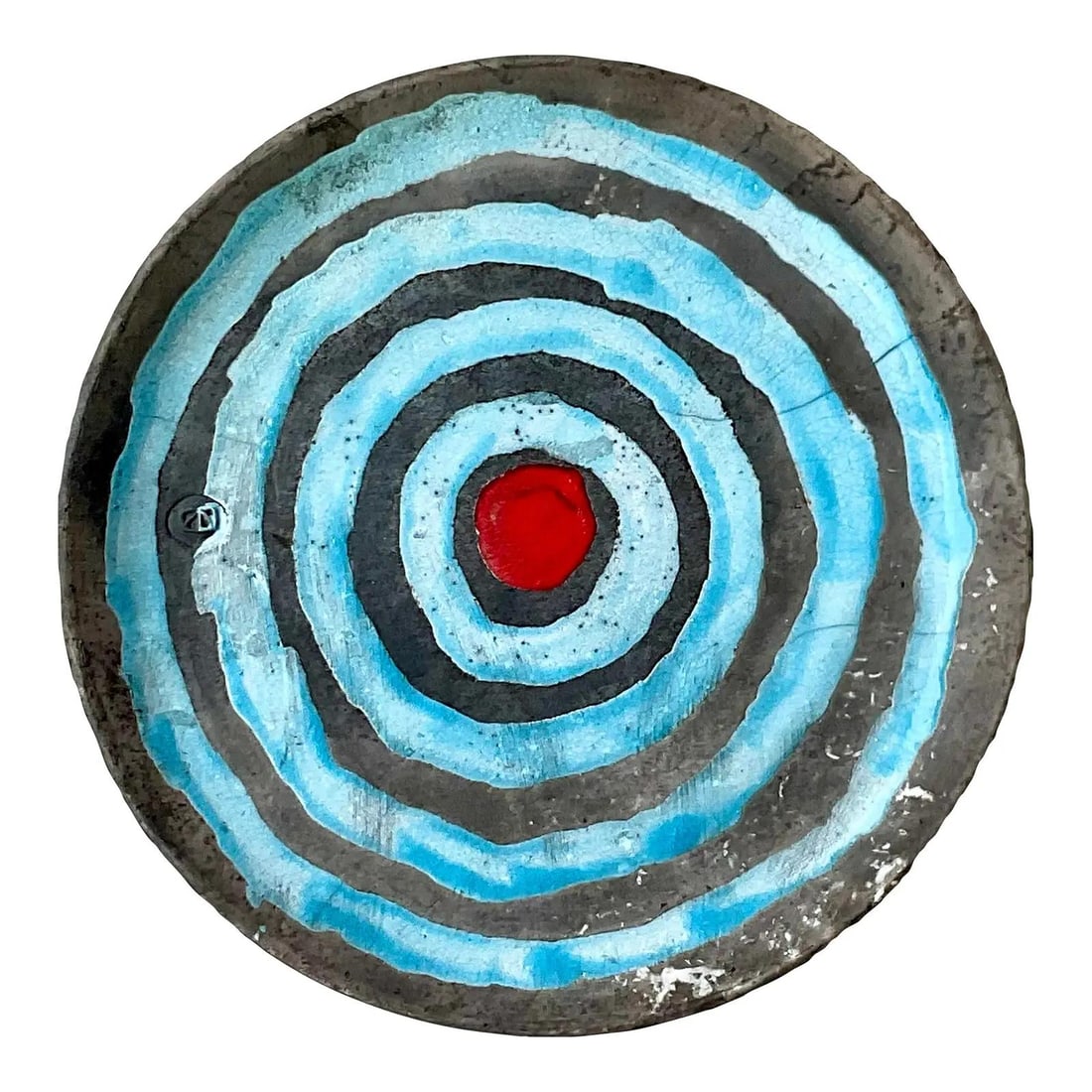 Vintage Boho Signed Studio Pottery Charger 14.25" Tiffany Blue: Vintage Boho Signed Studio Pottery Charger 14.25" Tiffany Blue This exquisite vintage studio pottery charger from the late 20th century is a captivating statement piece. Hand-painted with concentric r