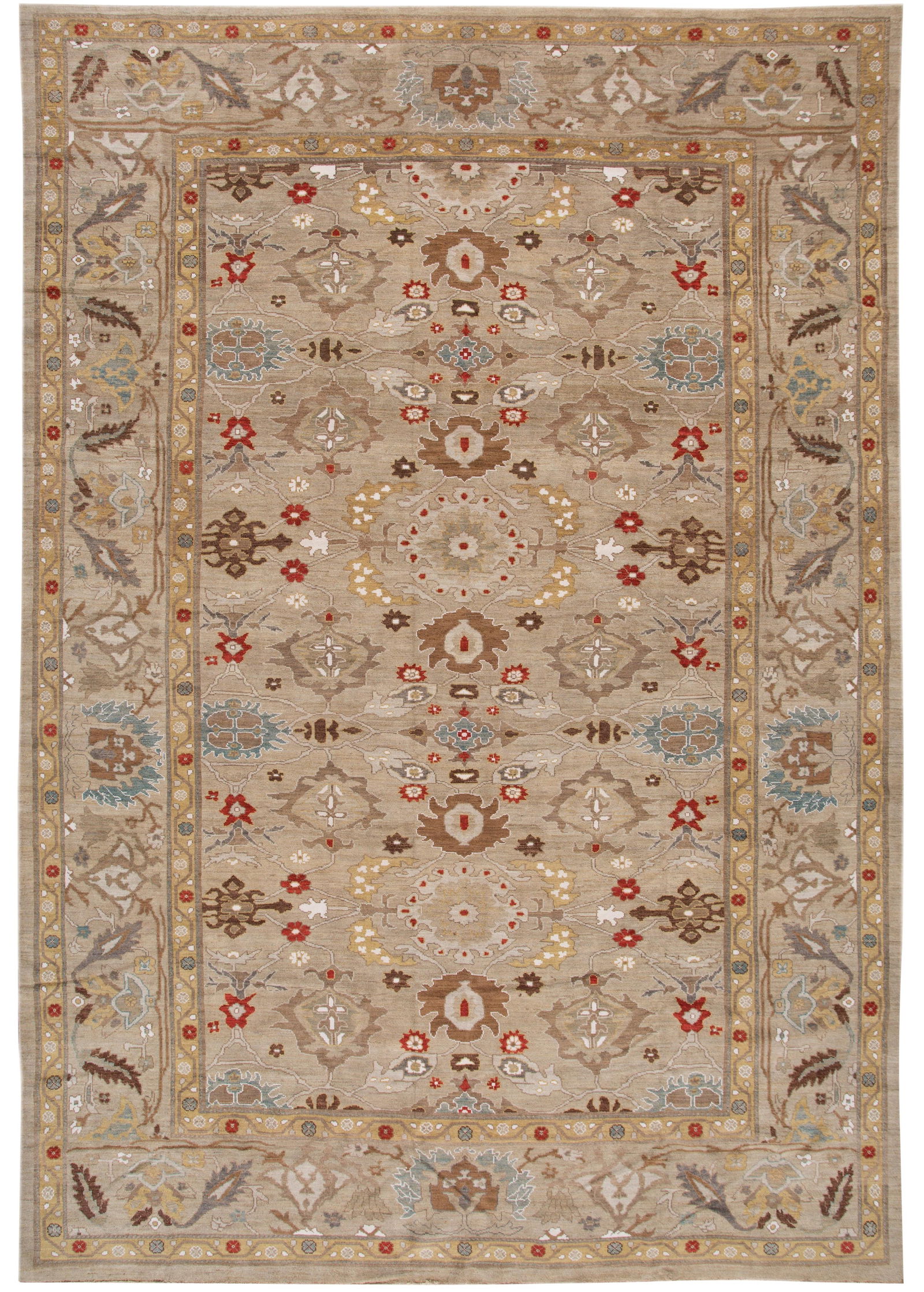 Contemporary Sultanabad Wool Rug 12'3 x 17'10 Tan Floral Design: Contemporary Sultanabad Wool Rug 12'3 x 17'10 Tan Floral Design Enhance your living space with this stunning contemporary Sultanabad wool rug, featuring a warm tan field adorned with vibrant multicolo