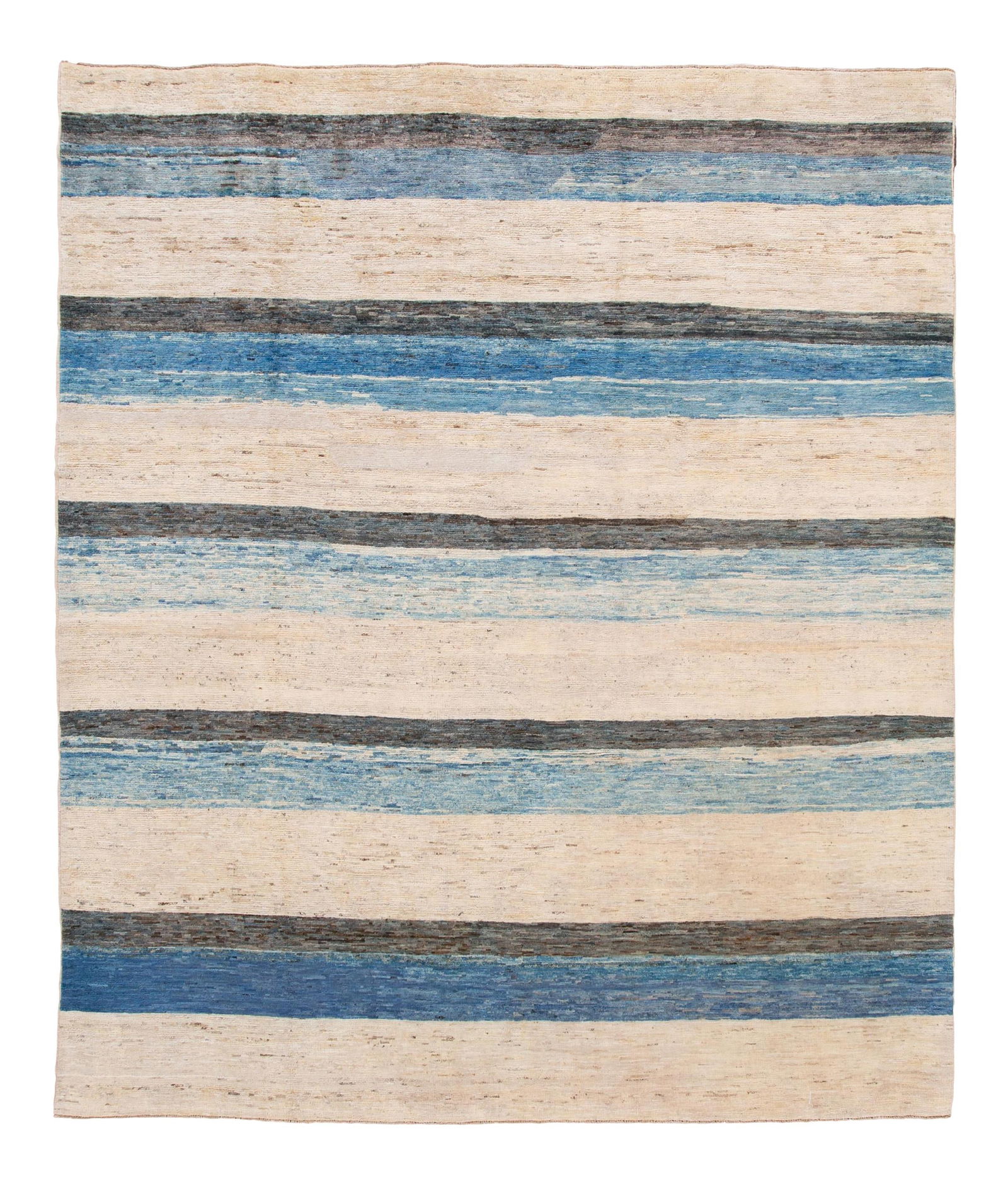 Moroccan-Style Hand-Knotted Wool Rug 8'1 x 9'7 Beige Striped Design: Moroccan-Style Hand-Knotted Wool Rug 8'1 x 9'7 Beige Striped Design This stunning Moroccan-style hand-knotted wool rug features a beige field adorned with beautiful blue and gray accents in a captivat