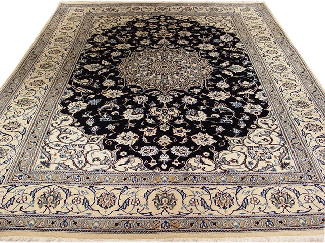Handcrafted 6'7 x 10 Blue Wool & Silk Persian Nain Rug: Handcrafted 6'7 x 10 Blue Wool & Silk Persian Nain Rug Free continental US Shipping Experience the elegance of this handcrafted 6' 7" x 10' Persian Nain rug, skillfully made by talented Persian artisa