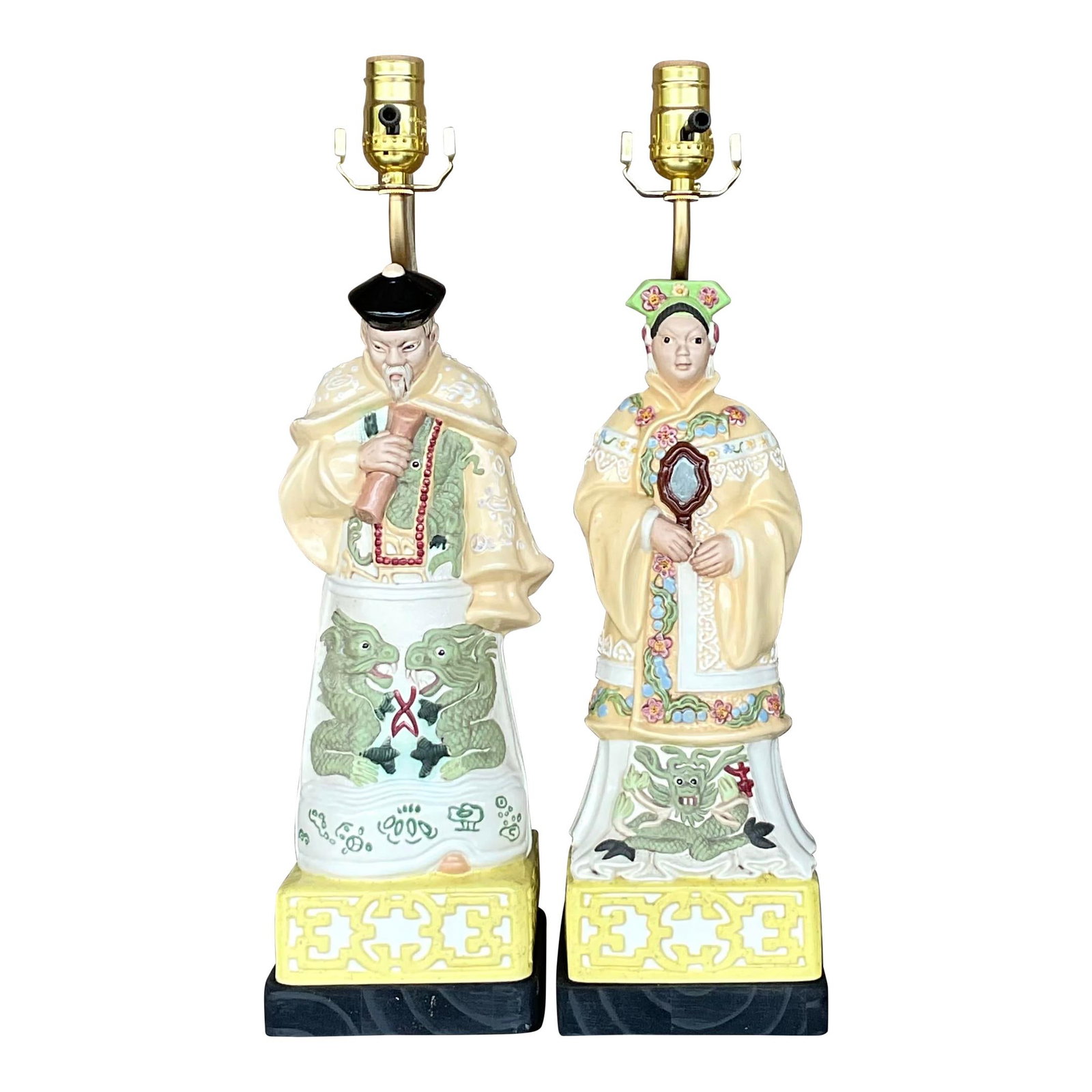 Vintage Asian Emperor Lamps Pair Almond Color Intricate Design: Vintage Asian Emperor Lamps Pair Almond Color Intricate Design Add a touch of regal elegance to your home with this vintage pair of Asian Emperor lamps. Each lamp features intricately detailed figures