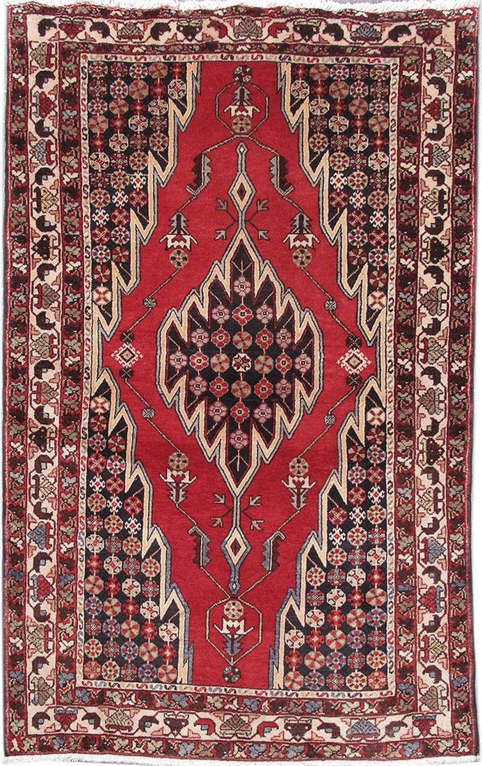Hand-Knotted 4'3 x 6'8 Red Persian Hamadan Area Rug: Hand-Knotted 4'3 x 6'8 Red Persian Hamadan Area Rug Free continental US Shipping Enhance your living space with this exquisite 4.3 x 6.8 Red Persian Hamadan Rug, masterfully handcrafted by skilled Per