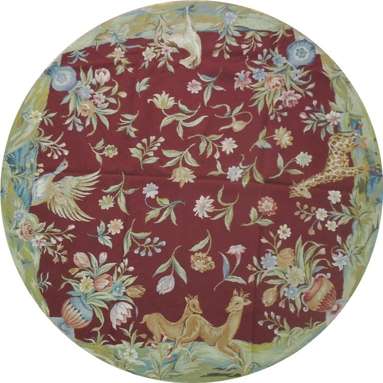6' Round Needlepoint Rug with Deer and Birds Design: 6' Round Needlepoint Rug with Deer and Birds Design Free continental US Shipping Transform your living space with this exquisite 6' x 6' Round Needlepoint Flat Weave Rug, featuring a beautifully detai
