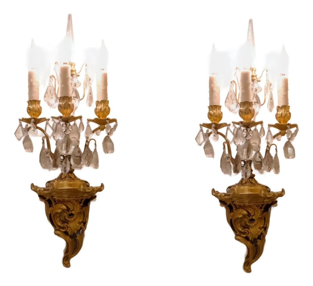 Antique 19th Century Gold Gilt Bronze Wall Sconces Pair with Crystals: Antique 19th Century Gold Gilt Bronze Wall Sconces Pair with Crystals This exquisite pair of vintage 19th-century lighted wall sconces showcases fine quality craftsmanship with stunning gold gilt bron