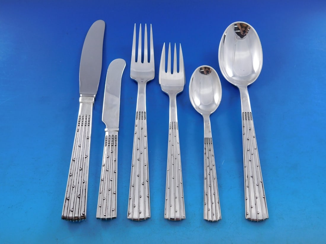 Orla Vagn Mogensen Champagne Sterling Silver Flatware Set 49 Pieces Mid-Century Modern: Orla Vagn Mogensen Champagne Sterling Silver Flatware Set 49 Pieces Mid-Century Modern Discover the exquisite Champagne flatware set designed by Orla Vagn Mogensen, a celebrated Danish silversmith kno