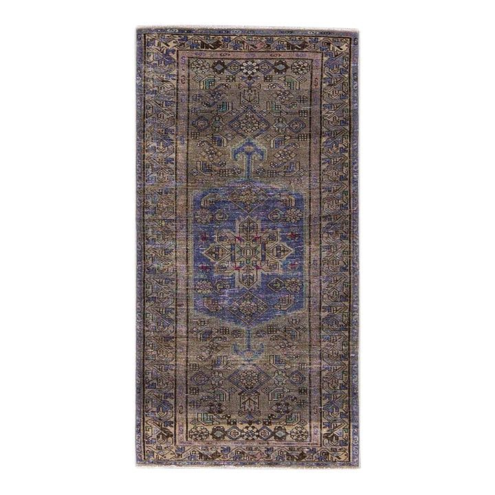 Vintage Brown Geometric Hand-Knotted Wool Rug 3'6 x 6'10: Vintage Brown Geometric Hand-Knotted Wool Rug 3'6 x 6'10 Enhance your living space with this beautiful vintage hand-knotted wool rug. Featuring a rich brown field adorned with blue accents, it showcas