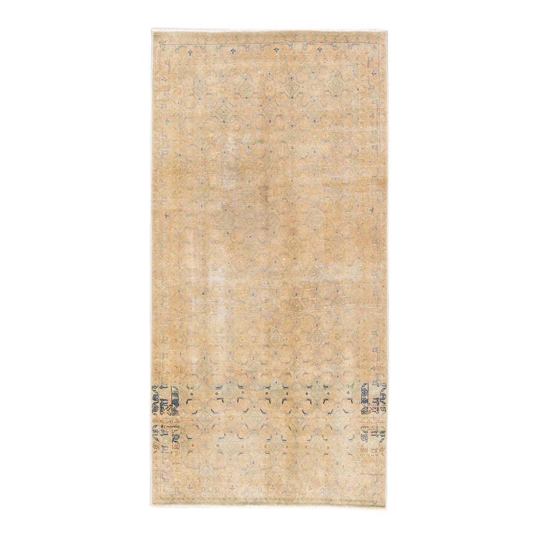 Vintage Handmade Geometric Wool Runner Beige with Blue Accents 4'9 x 9'8: Vintage Handmade Geometric Wool Runner Beige with Blue Accents 4'9 x 9'8 This stunning vintage geometric wool runner showcases a beautiful hand-knotted design with a beige field complemented by blue a