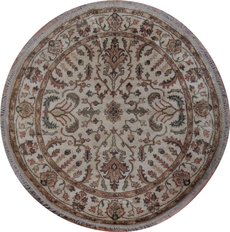 Hand-Knotted 70 Inch Round Oushak Ivory Wool Rug from India: Hand-Knotted 70 Inch Round Oushak Ivory Wool Rug from India Free continental US Shipping Transform your living space with this stunning 5' 10" x 5' 10" Round Oushak Rug, expertly handcrafted to delive