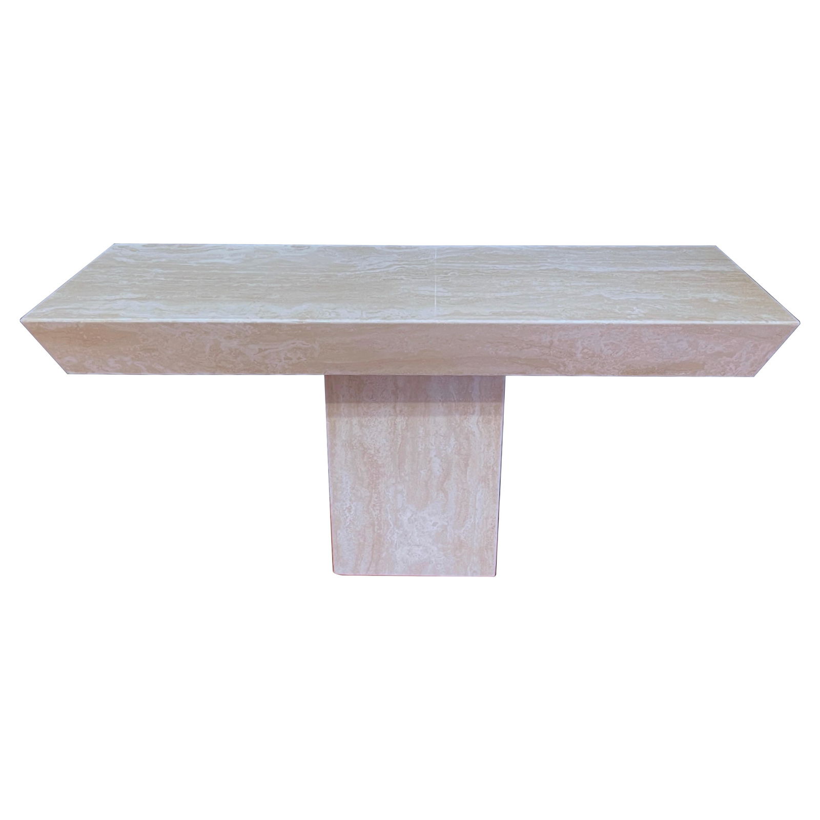 1970s Italian Modern Sculptural Console in Variegated Travertine: 1970s Italian Modern Sculptural Console in Variegated Travertine This stunning 1970s Italian Modern Sculptural Travertine Console embodies architectural elegance and sophistication. Crafted from beaut