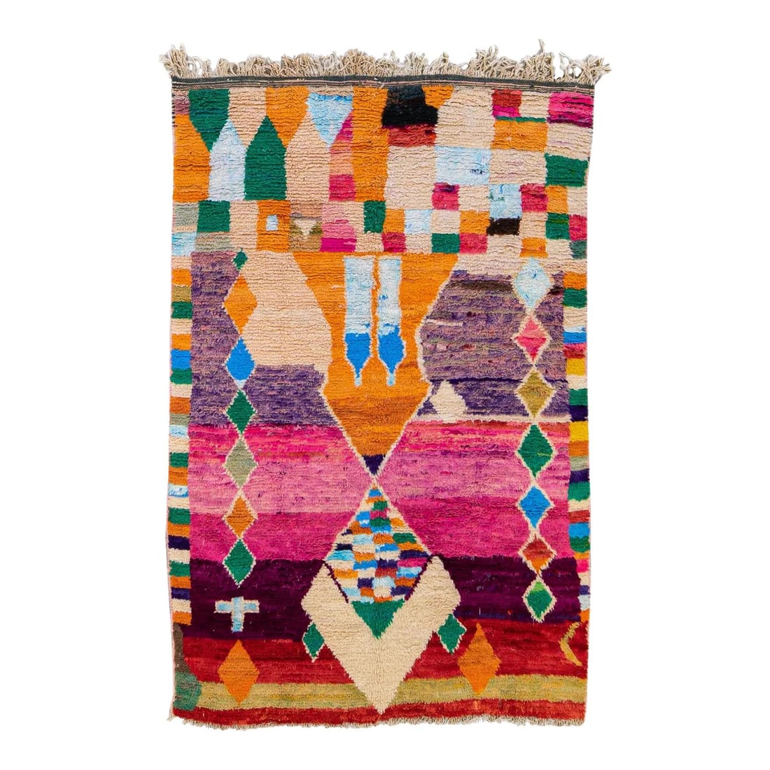 Vintage Boujad Moroccan Handmade Geometric Wool Rug 5'9 x 8'10 Multicolor: Vintage Boujad Moroccan Handmade Geometric Wool Rug 5'9 x 8'10 Multicolor This stunning Vintage Boujad Moroccan handmade wool rug features a vibrant purple and multi-color field adorned with an all-ov