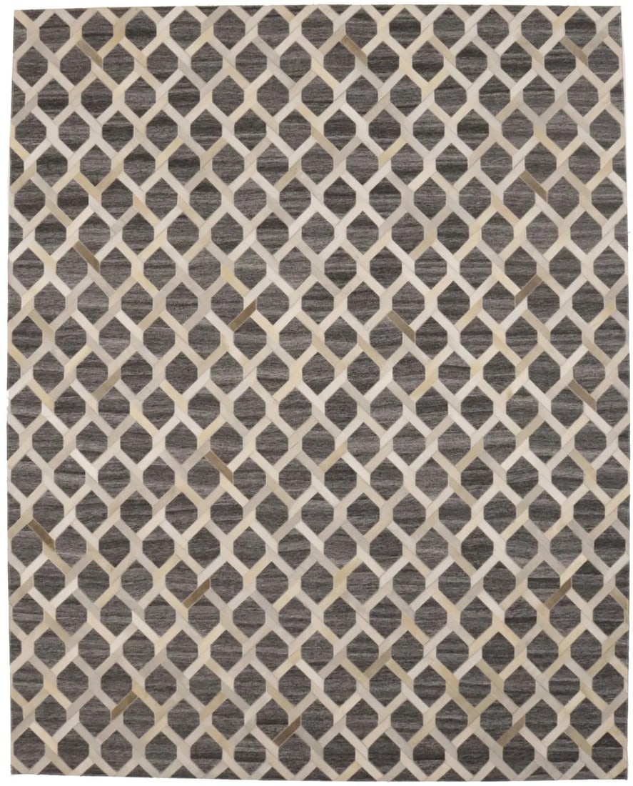 Modern 8x10 Gray Faux Leather Patchwork Area Rug Hand-Crafted Geometric Design: Modern 8x10 Gray Faux Leather Patchwork Area Rug Hand-Crafted Geometric Design This hand-crafted area rug features a modern geometric patchwork design in gray and beige tones, crafted from faux leathe