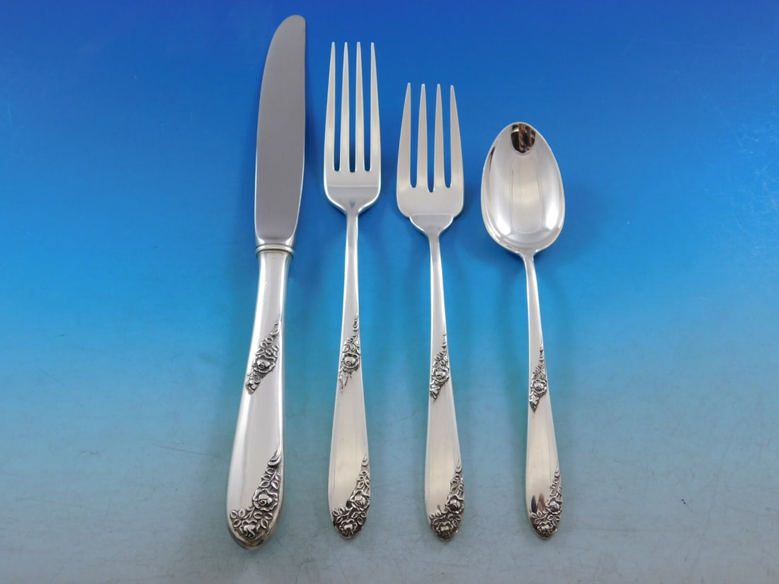 Lunt Sweetheart Rose Sterling Silver Flatware Set for 8 - 34 Pieces with Storage Chest: Lunt Sweetheart Rose Sterling Silver Flatware Set for 8 - 34 Pieces with Storage Chest Enhance your dining experience with the Sweetheart Rose Sterling Silver Flatware Set by Lunt, a stunning collecti