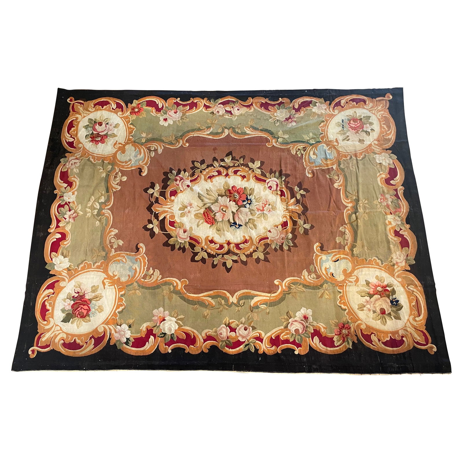 19th Century French Aubusson Floral Tapestry Rug Hand-Woven Wool Medallion Design (1 of 11)