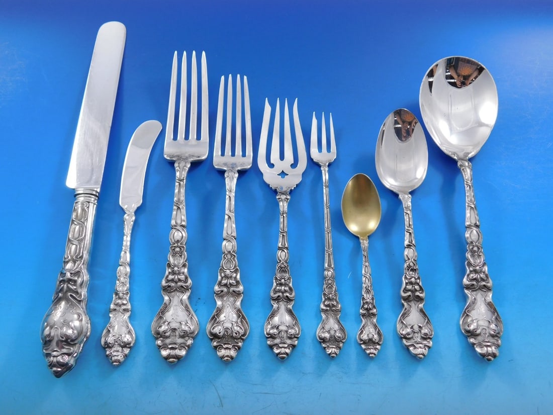 Unger Douvaine Sterling Silver Flatware Set 131 Pieces Art Nouveau Rare: Unger Douvaine Sterling Silver Flatware Set 131 Pieces Art Nouveau Rare Discover the elegance of the Douvaine sterling silver flatware set by Unger, renowned for its stunning Art Nouveau design. This