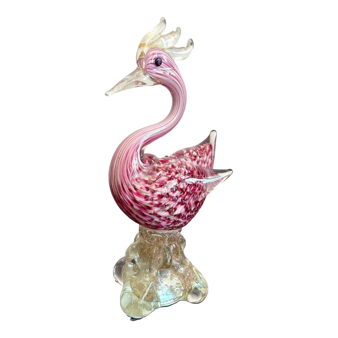 Vintage Boho Murano Glass Bird Sculpture with Pink Plumage: Vintage Boho Murano Glass Bird Sculpture with Pink Plumage This vintage Boho glass bird sculpture is a delightful blend of charm and artistry. Featuring swirling pink plumage and a crown-like crest, i