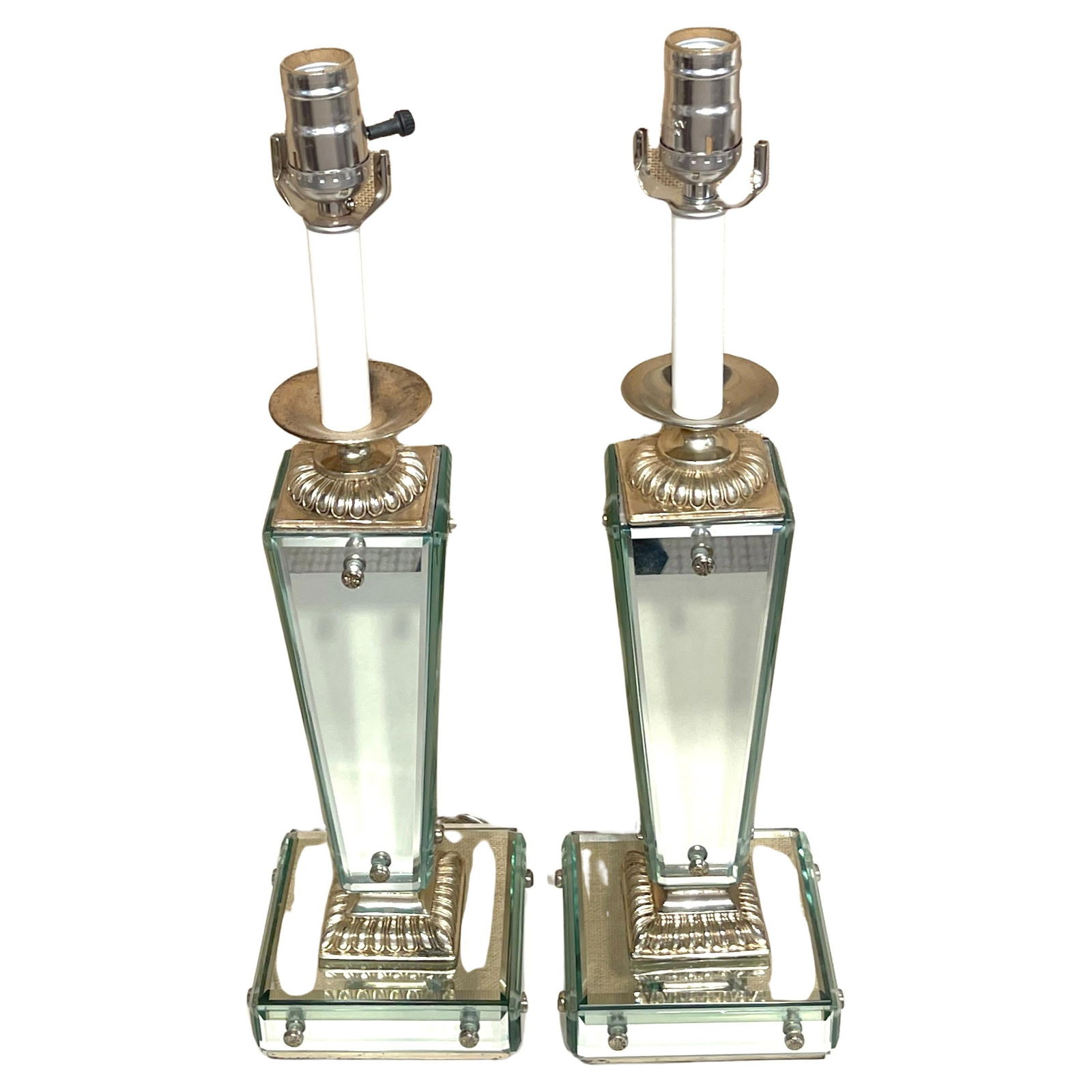 Set of 2 French Art Deco Mirrored Column Lamps 21in Tall: Set of 2 French Art Deco Mirrored Column Lamps 21in Tall This exquisite pair of French Art Deco/Modern style mirrored column lamps from the 20th century embodies elegance and sophistication. Each lamp
