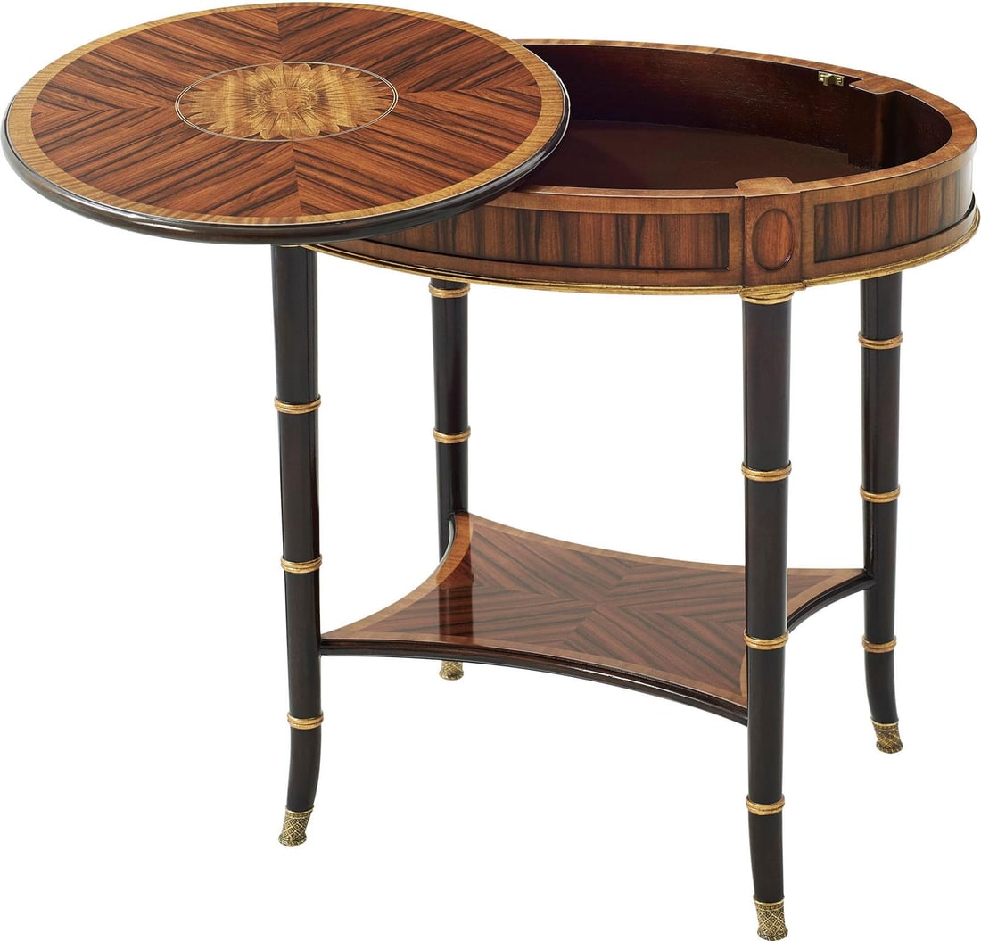 Theodore Alexander Floral Inlay Accent Table 25H 28W 18D: Theodore Alexander Floral Inlay Accent Table 25H 28W 18D Enhance your living space with this elegant Floral Accent Table by Theodore Alexander. Crafted from durable mahogany and metal, this side table