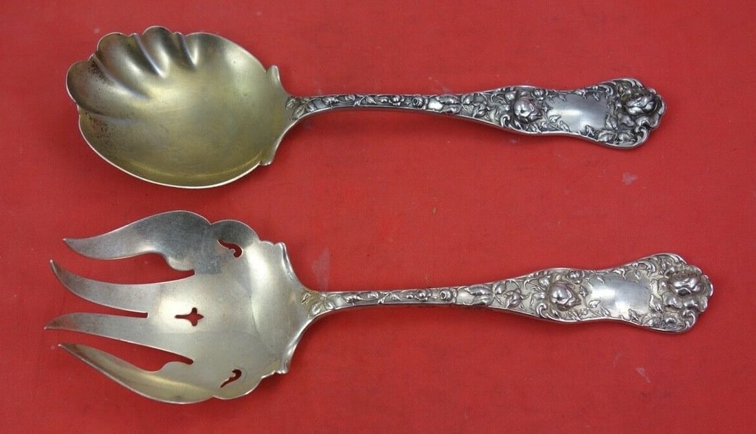 Shiebler American Beauty Sterling Silver Salad Serving Set 8 3/8": Shiebler American Beauty Sterling Silver Salad Serving Set 8 3/8" This exquisite salad serving set features the timeless American Beauty pattern by renowned maker Shiebler. Crafted from high-quality s