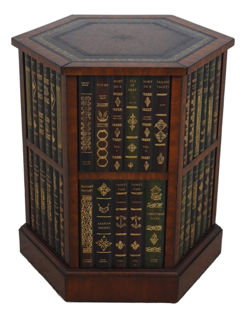 Maitland Smith Hexagon Leather Lamp Table with Hidden Drawer: Maitland Smith Hexagon Leather Lamp Table with Hidden Drawer This Maitland Smith Hexagon Leather Bookspline Lamp Table showcases a unique design with a factory distressed finish, adding character to a