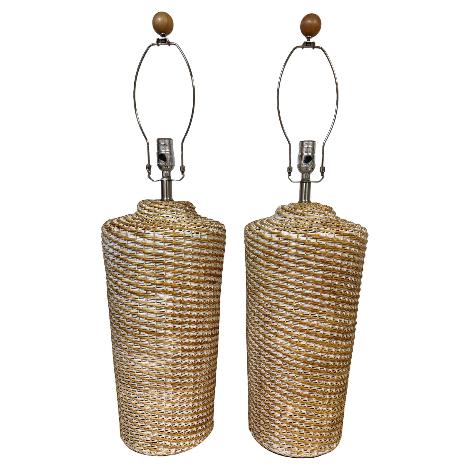 Set of 2 Coastal Modern White-Polychromed Rattan Lamps 32 inches: Set of 2 Coastal Modern White-Polychromed Rattan Lamps 32 inches This pair of Coastal Modern White-Polychromed Woven Rattan Lamps embodies mid-century modern style with a striking design. Crafted in t