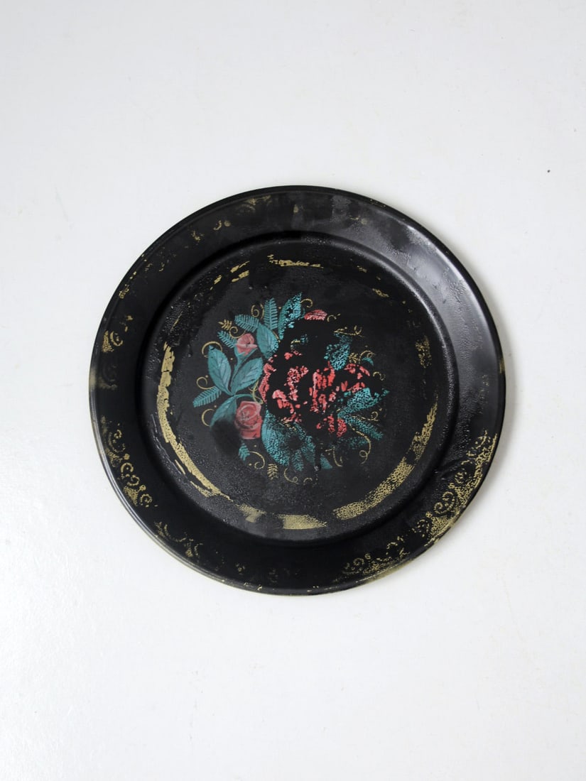 Charming Vintage Tole Tray Black Metal Floral Design 19.25 Inch (1 of 8)