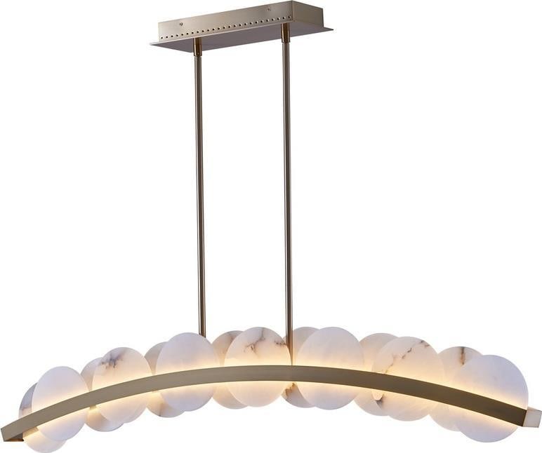 Kalco Meridian 48-In Winter Brass LED Island Light: Kalco Meridian 48-In Winter Brass LED Island Light Illuminate your space with the Modern Elegance Winter Brass Island Light, a stunning addition to any interior. Crafted to order, this LED island ligh