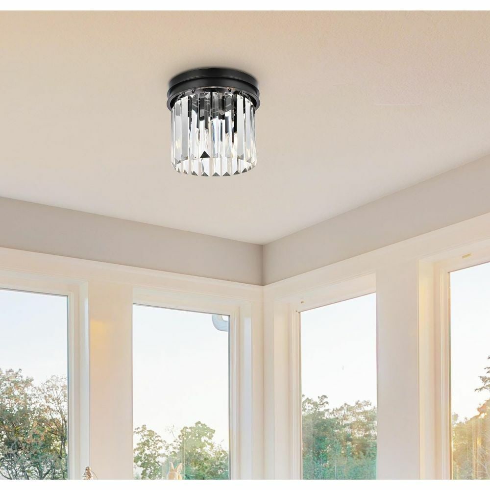 Sydney 12 Inch Crystal Flush Mount Matte Black Chandelier with 3 Lights: Sydney 12 Inch Crystal Flush Mount Matte Black Chandelier with 3 Lights This contemporary flush mount chandelier features a matte black frame adorned with high-quality clear crystals, offering a moder