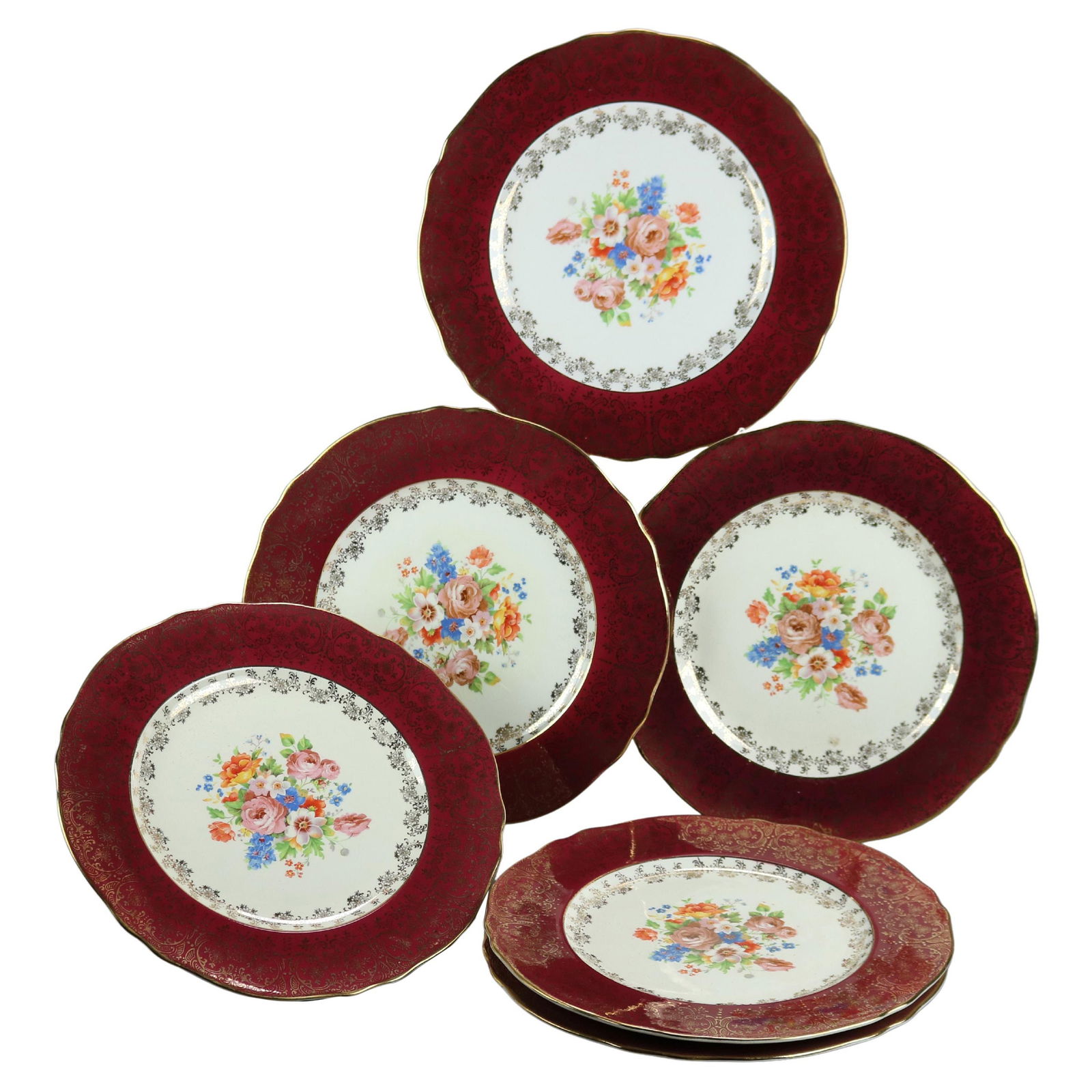 Set of 6 Atlas China Dinner Plates Burgundy Gilt Floral Design: Set of 6 Atlas China Dinner Plates Burgundy Gilt Floral Design This exquisite set of six dinner plates by Atlas China features elegant porcelain construction. Each plate showcases a vibrant floral bou