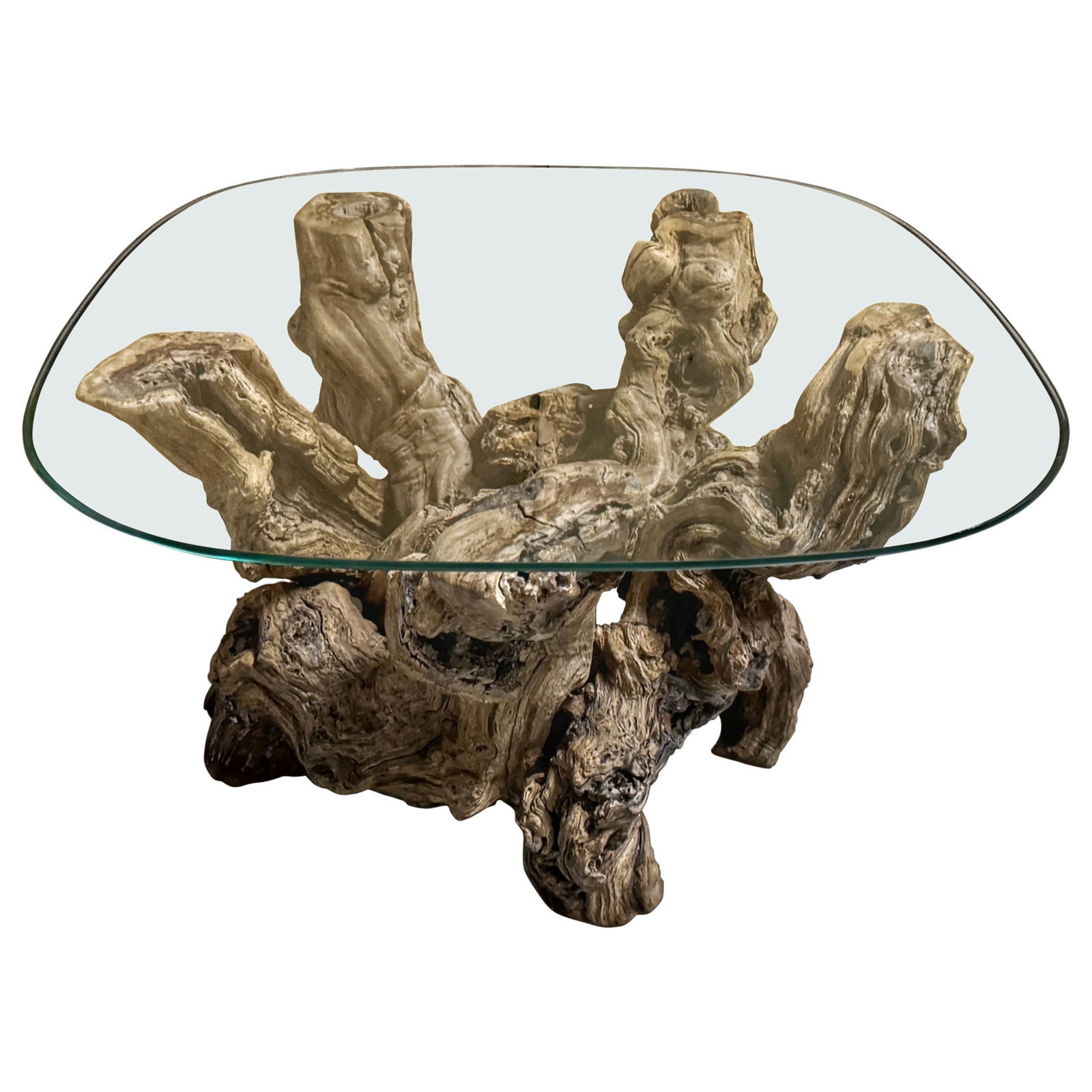 1960s Coffee Table With Glass Top and Organic Grapevine Base: 1960s Coffee Table With Glass Top and Organic Grapevine Base This mid-century modern coffee table from the 1960s features a striking base crafted from a natural grape vine that is over 100 years old,