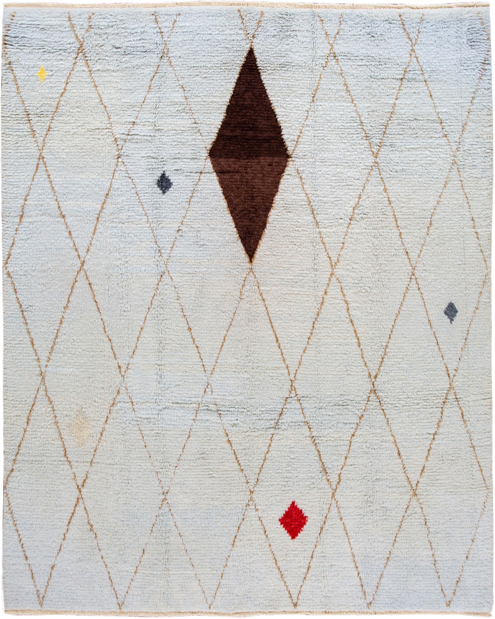 Contemporary Hand-Knotted Moroccan Wool Rug 9'8 x 12'2: Contemporary Hand-Knotted Moroccan Wool Rug 9'8 x 12'2 Enhance your living space with this stunning 21st Century Modern Moroccan-Style Wool Rug. Expertly hand-knotted, this rug features a light blue f