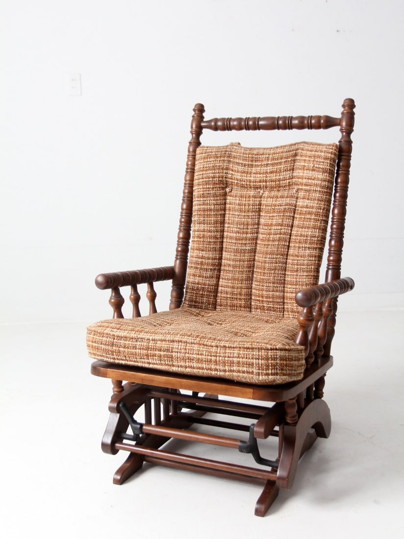 1940s Vintage Tell City Glider Rocking Chair with Tweed Upholstery: 1940s Vintage Tell City Glider Rocking Chair with Tweed Upholstery This vintage glider rocking chair, dating back to the 1940s, showcases an American wood platform design with a turned wood frame and