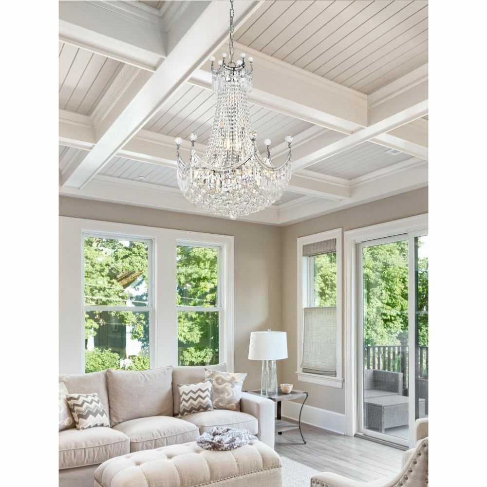 Corona 15-Light Chrome Crystal Foyer Fixture 32 Inch: Corona 15-Light Chrome Crystal Foyer Fixture 32 Inch Illuminate your space with this stunning Crystal Chandelier in a modern chrome finish. Designed in the French Empire style, this 15-light fixture b