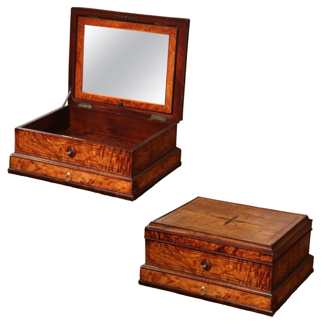 Napoleon III French Burl Elm Jewelry Box with Drawer and Interior Mirror circa 1880: Napoleon III French Burl Elm Jewelry Box with Drawer and Interior Mirror circa 1880 This late 19th century French jewelry box features hand-crafted burl elm construction with intricate floral inlay an