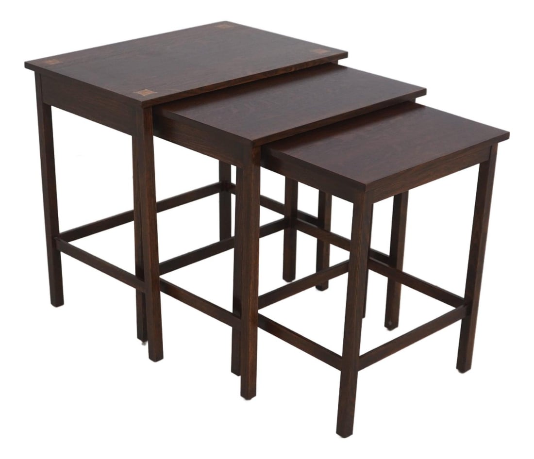 Set of 3 Oak Nesting Tables with Inlay from Harvey Ellis Collection: Set of 3 Oak Nesting Tables with Inlay from Harvey Ellis Collection This set of three nesting tables from the Harvey Ellis Collection by Stickley features high-quality construction in oak with attract