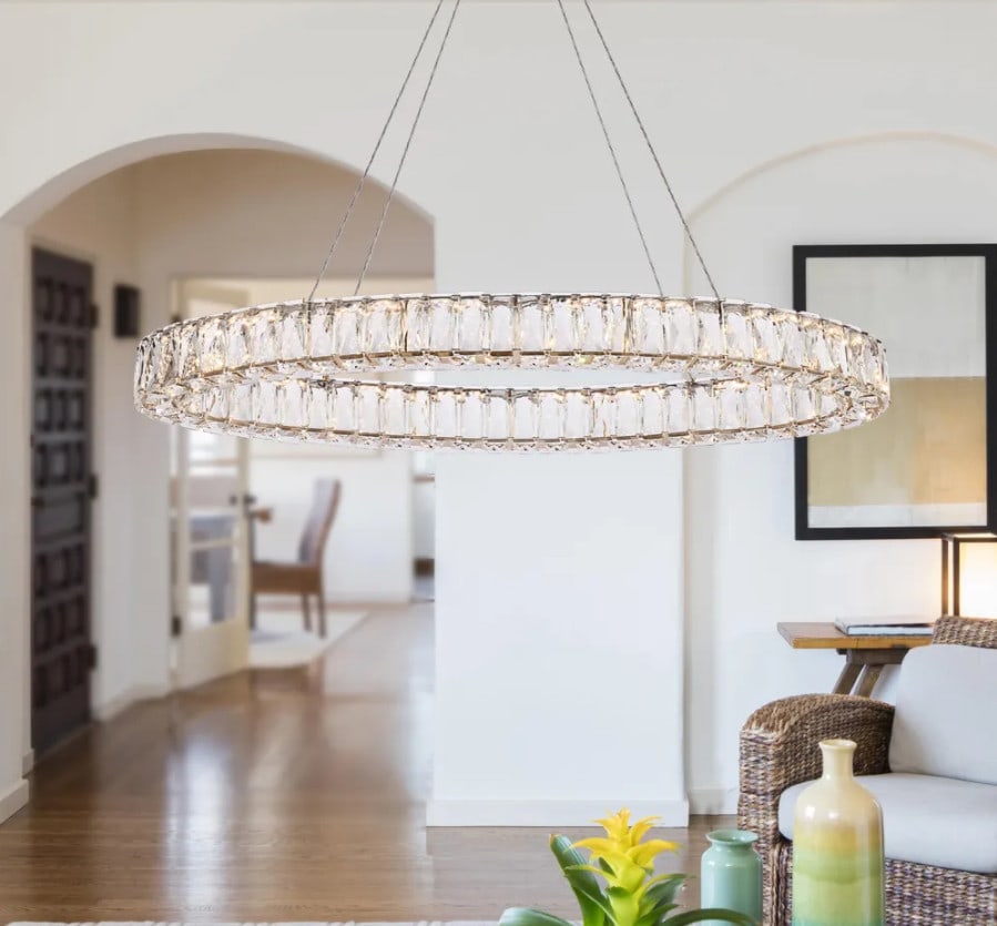Modern Monroe Oval LED Crystal Chandelier 36in Gold for Dining or Foyer: Modern Monroe Oval LED Crystal Chandelier 36in Gold for Dining or Foyer This modern oval crystal chandelier features a gold finish frame and royal cut clear crystals, offering a sophisticated touch to
