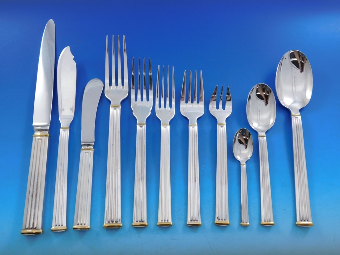 Christofle Triade Gold Silverplated Flatware Set 140 Pieces France: Christofle Triade Gold Silverplated Flatware Set 140 Pieces France Elevate your dining experience with the Triade Gold by Christofle flatware set, a stunning collection that combines modern elegance w