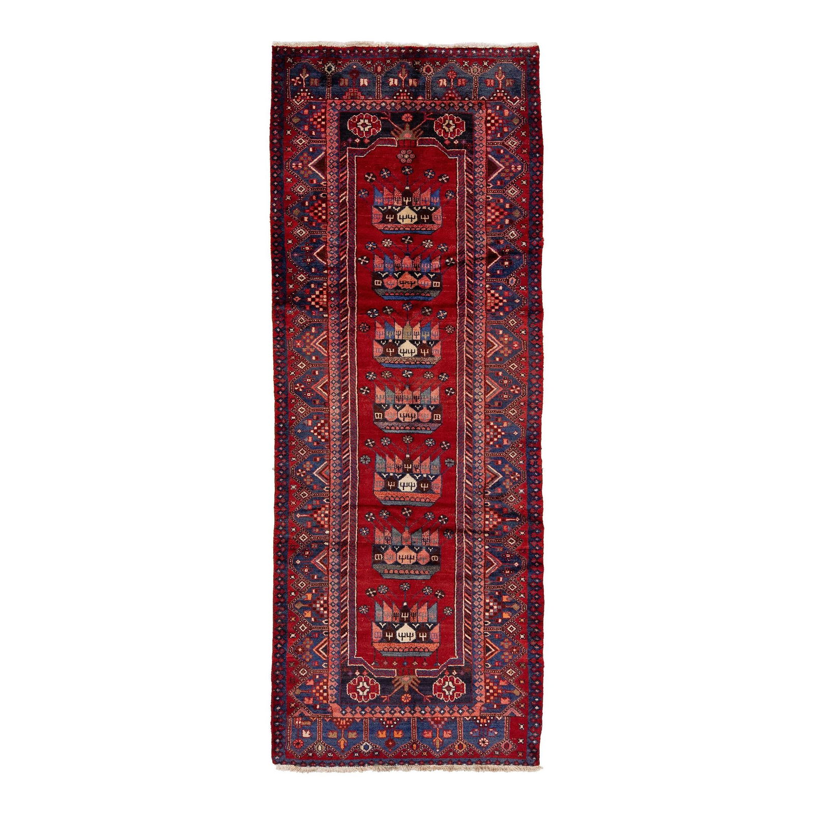 Vintage 1960s Red Handmade Hamadan Wool Runner 3'7" x 9'8": Vintage 1960s Red Handmade Hamadan Wool Runner 3'7" x 9'8" This exquisite vintage handmade wool runner rug features a vibrant red field adorned with multicolor accents, showcasing the intricate crafts