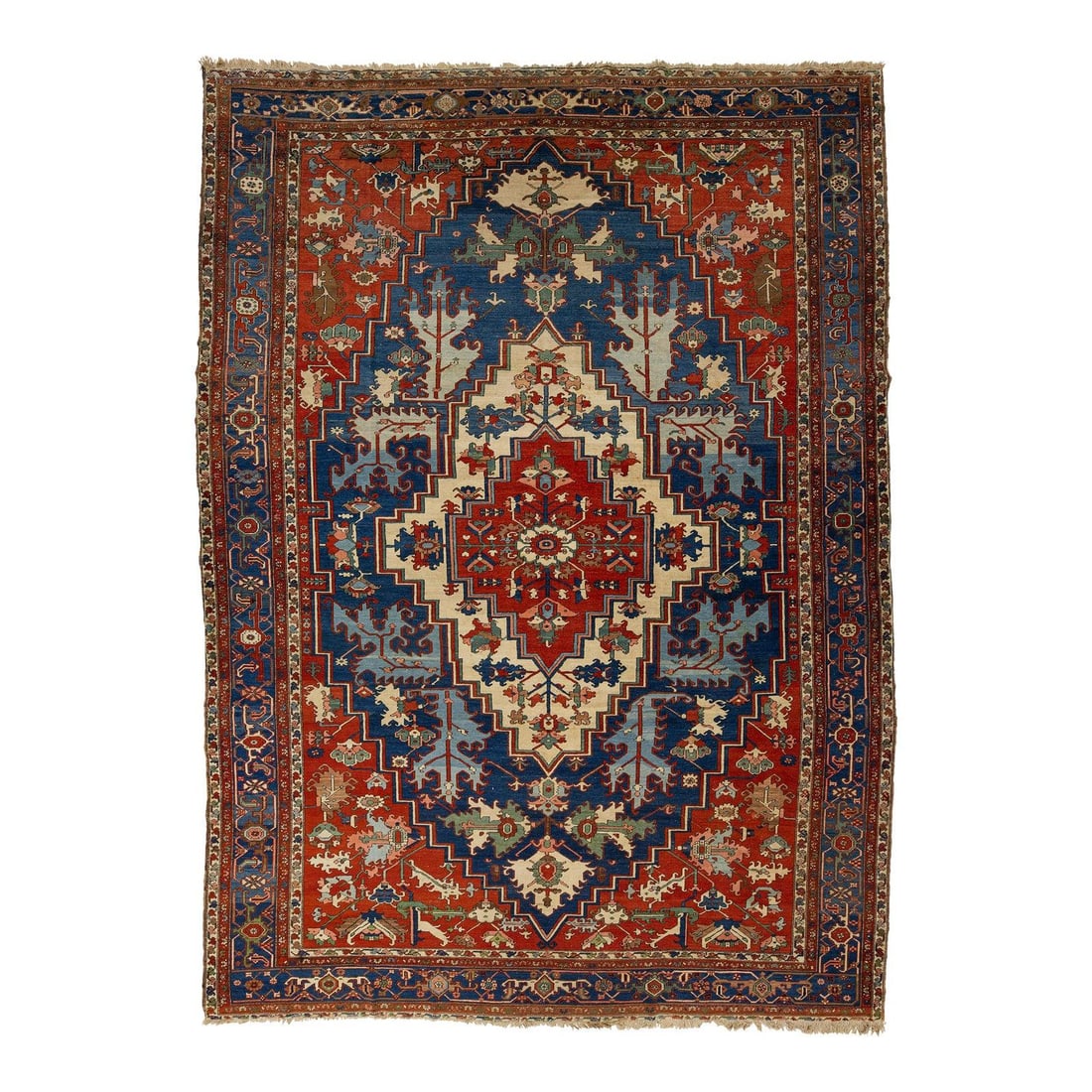 Hand-Knotted Serapi Wool Rug with Central Medallion 11'5 x 15'8 Antique: Hand-Knotted Serapi Wool Rug with Central Medallion 11'5 x 15'8 Antique This antique Persian Serapi rug showcases a bold central medallion with angular floral motifs in rich shades of red, navy, ivory