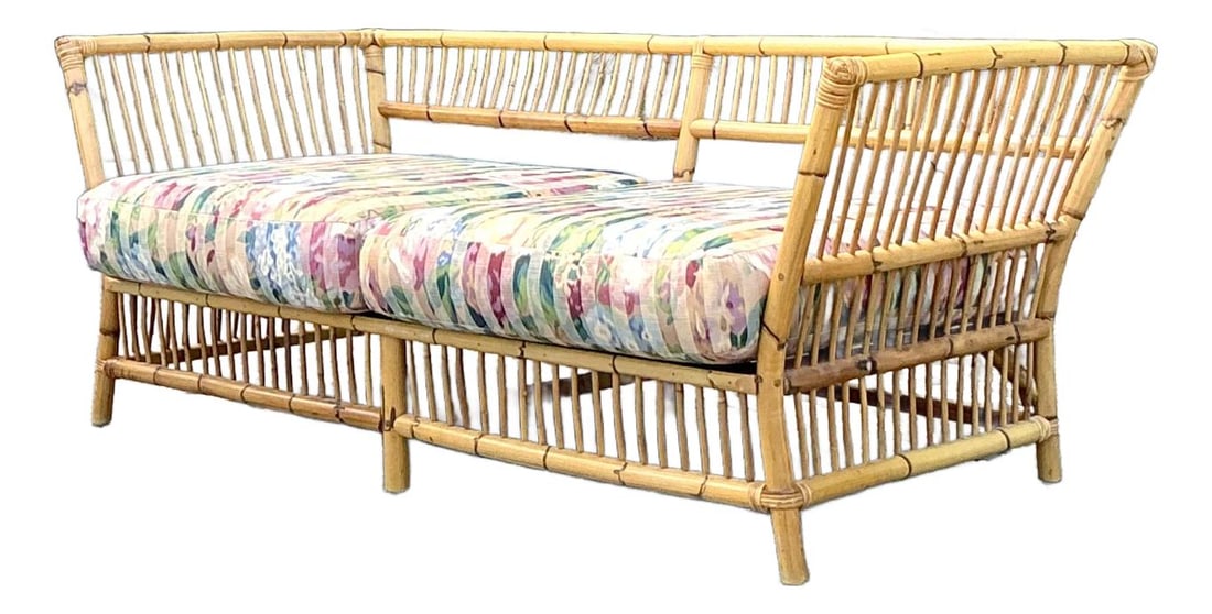 Vintage Stick Bamboo Loveseat with Floral Cushions: Vintage Stick Bamboo Loveseat with Floral Cushions Discover the charm of coastal living with this vintage stick bamboo loveseat, expertly crafted to blend natural materials with laid-back sophisticati