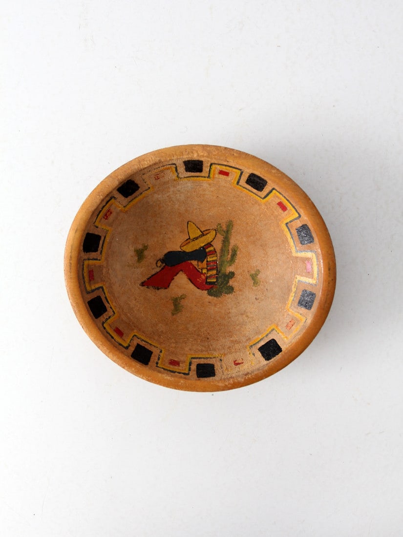 1950s Vintage Hand-Painted Wood Bowl with Sombrero Boy (1 of 4)