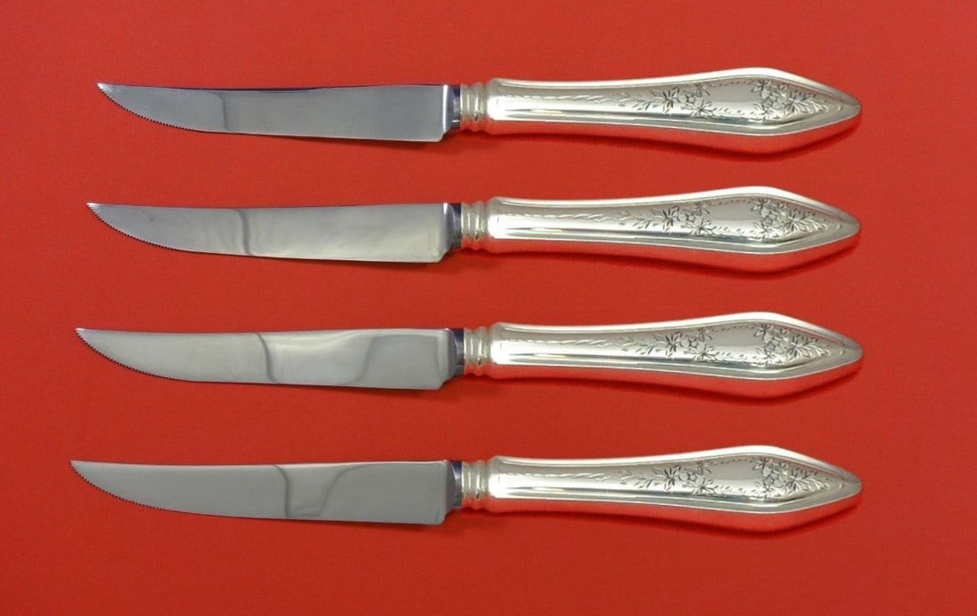 Towle Sterling Silver Mary Chilton Engraved #1 Steak Knife Set 4pc: Towle Sterling Silver Mary Chilton Engraved #1 Steak Knife Set 4pc This exquisite set of four steak knives features the elegant Mary Chilton Engraved #1 pattern by Towle, crafted from high-quality ste