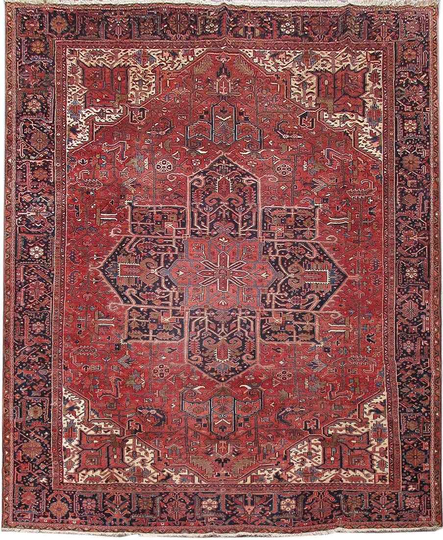 10.5 x 13 Hand-knotted Persian Heriz Rug in Antique Brick Red from Iran: 10.5 x 13 Hand-knotted Persian Heriz Rug in Antique Brick Red from Iran Free continental US Shipping Enhance your living space with this exquisite 10.5 x 13 Genuine Persian Rug, a true symbol of timel