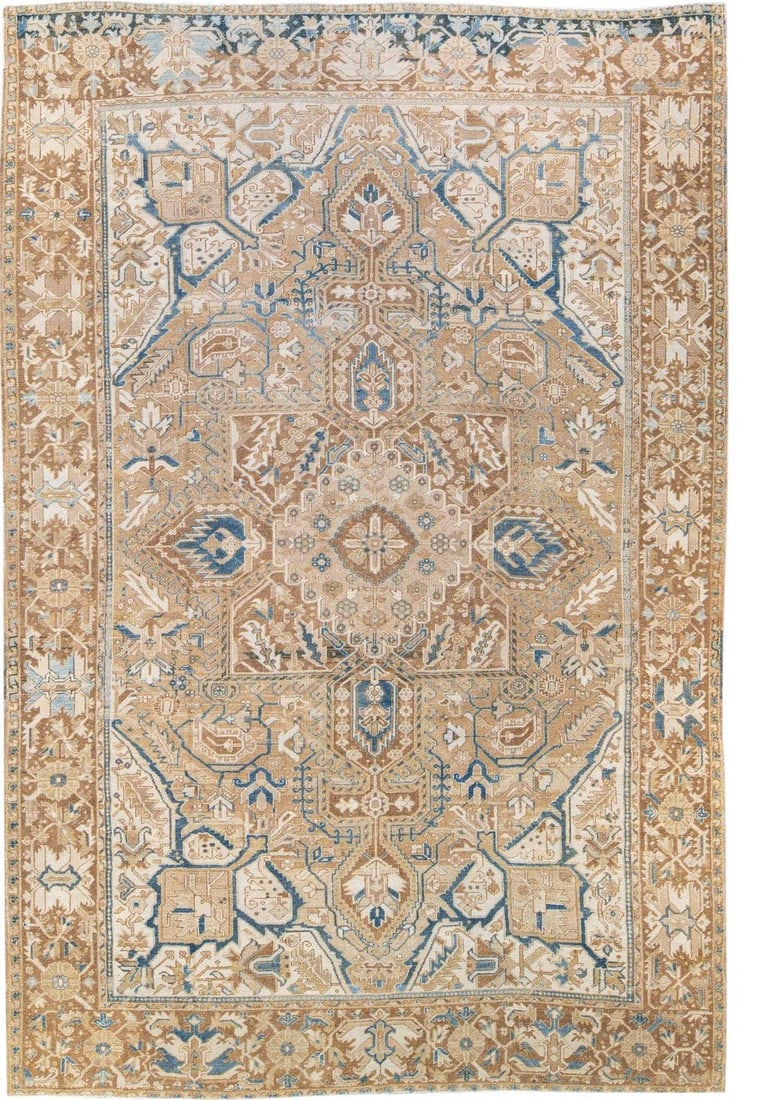 Antique Persian Heriz Hand-Knotted Wool Rug 9'3 x 13'6 Tan Blue Medallion: Antique Persian Heriz Hand-Knotted Wool Rug 9'3 x 13'6 Tan Blue Medallion Discover the elegance of this antique Heriz hand-knotted wool rug, featuring a warm tan field adorned with a stunning blue and