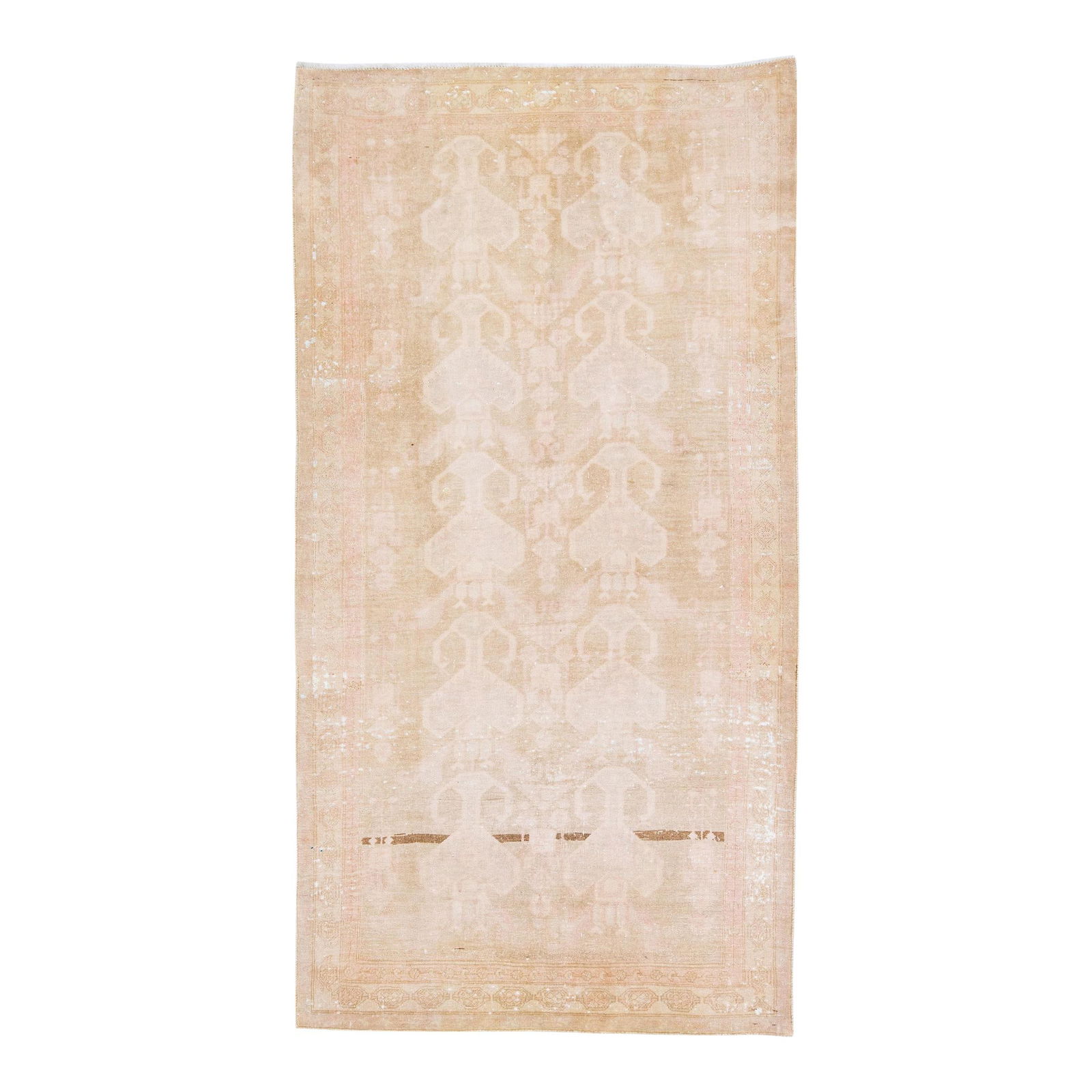 Vintage Persian Hand-Knotted Wool Rug 4'5 x 8'6 Geometric Design: Vintage Persian Hand-Knotted Wool Rug 4'5 x 8'6 Geometric Design Elevate your space with this exquisite vintage Persian rug, handcrafted with meticulous attention to detail. Featuring a warm brown fie