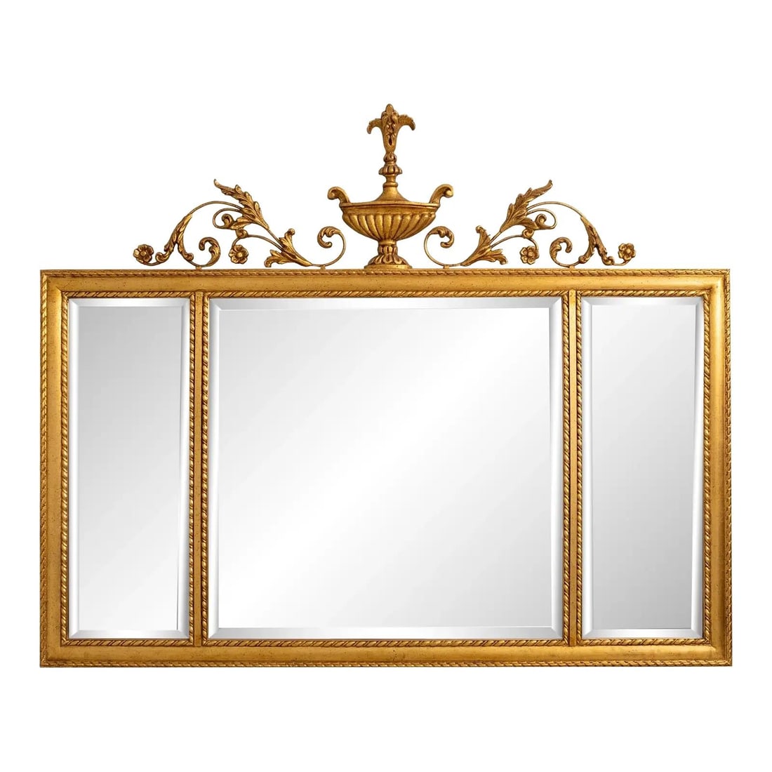 Federal Style Mirror with Urn Top and Gold Finish by Labarge: Federal Style Mirror with Urn Top and Gold Finish by Labarge This Federal style mirror features an ornate scrolled top with a distinctive urn design and a three-panel layout. The mirror is accented wi
