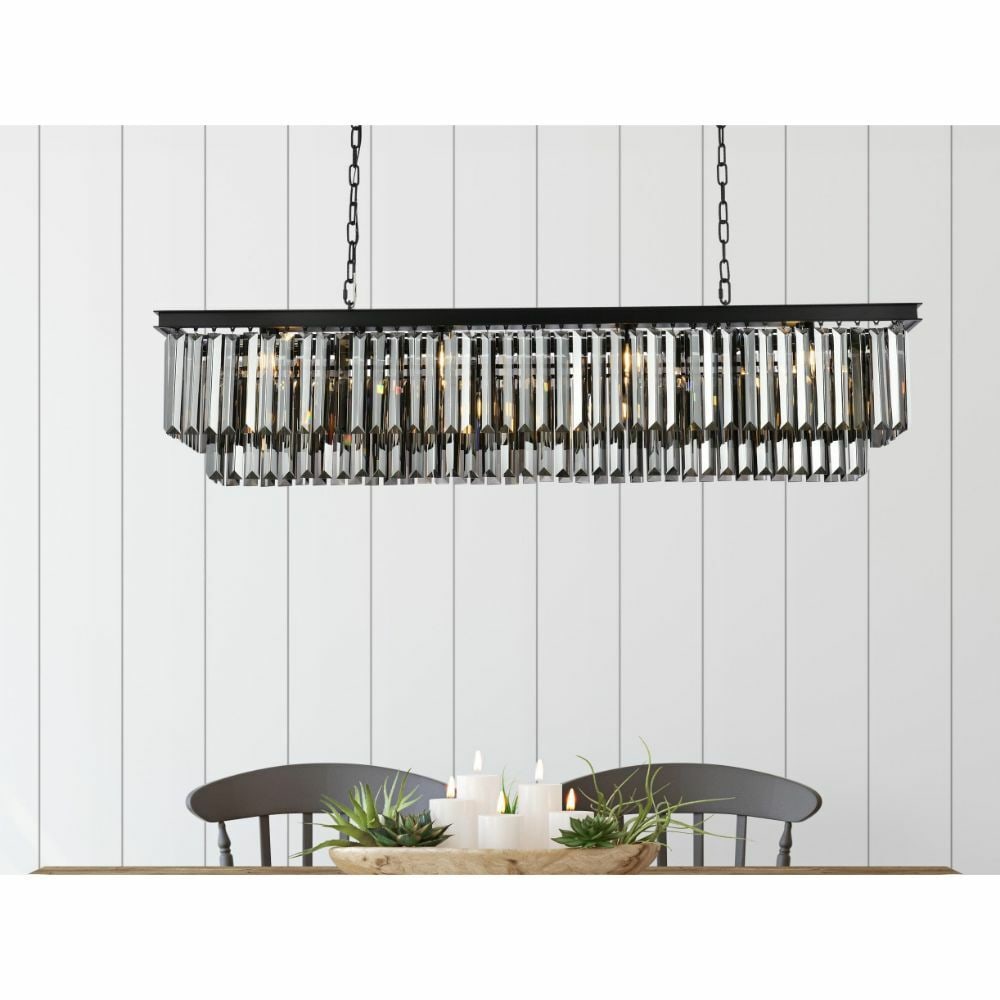 Sydney 12-Light Matte Black Chandelier with Silver Shade Crystal 60 Inch: Sydney 12-Light Matte Black Chandelier with Silver Shade Crystal 60 Inch This modern 12-light chandelier features a matte black frame accented with silver shade color crystals, creating a contemporary