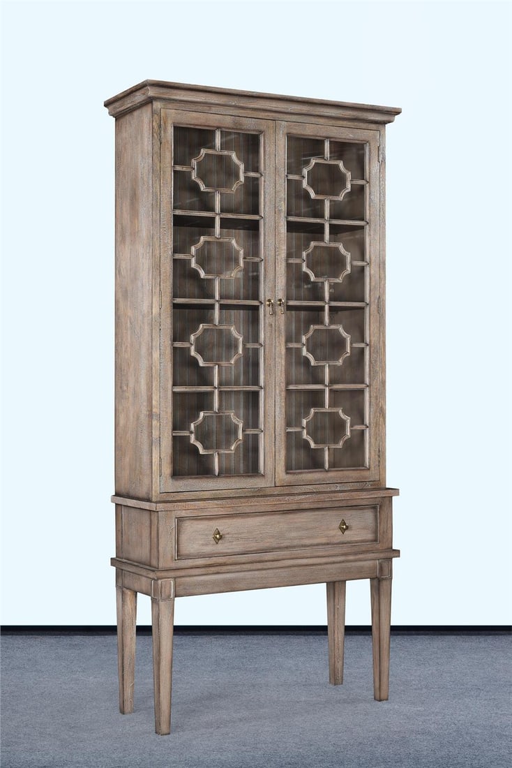 Bella Wood Cabinet with Clear Glass Doors in Greige Finish: Bella Wood Cabinet with Clear Glass Doors in Greige Finish Introducing the Bella Cabinet, a stylish storage solution perfect for any modern home. This elegant cabinet features clear glass doors, allow