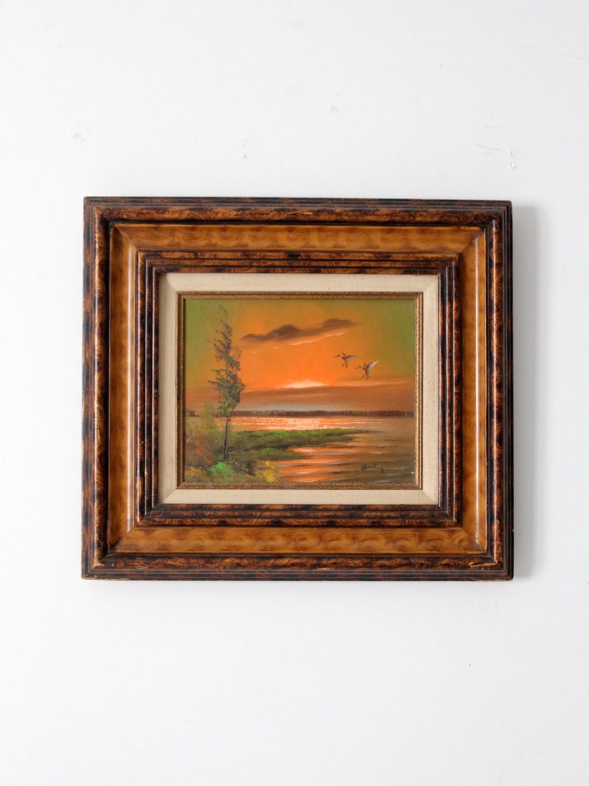 Signed Bailey Vintage Oil Painting of Mallard Ducks at Sunset (1 of 10)